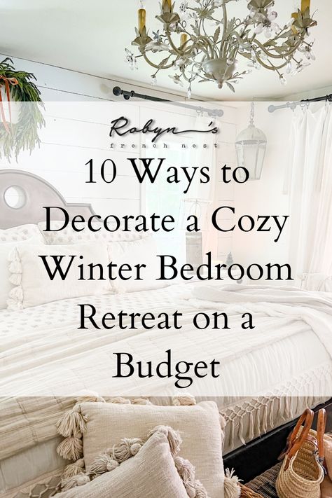 1.1110 ways to decorate a cozy winter bedroom retreat on a budget Farmhouse Bedroom Bedding & Blankets, Quilts For Bedrooms, White Bedding Ideas Pop Of Color Cozy, Soft Bedroom Decor, Ways To Make Up A Bed, Natural Christmas Bedroom Decor, Farmhouse Christmas Bedding, Small Christmas Bedroom, Guest Bedroom Christmas Decorating Ideas