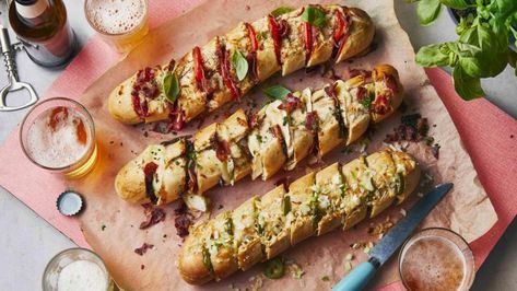 Hasselback garlic bread three ways recipe - BBC Food Garlic Bread Baguette, Picky Bits, Weekend Lunches, Pub Snack, Recipe Drawing, Garlic Bread Recipe, Light Meals, Filling Snacks, Airfryer Recipes