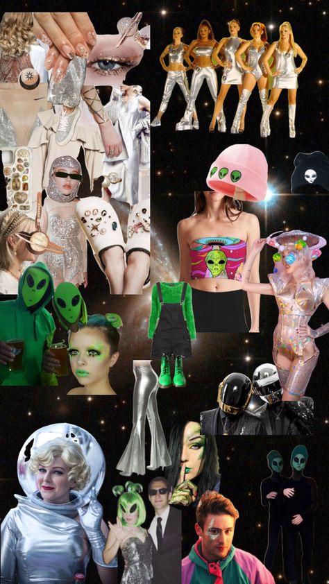 Space Futuristic Aesthetic Outfit, Futuristic Party Theme Outfit, Galactic Bachelorette, Alien Disco Party, Space Party Aesthetic, Alien Bachelorette Party, Space Disco Outfit, Space Disco Party, Futuristic Party Theme