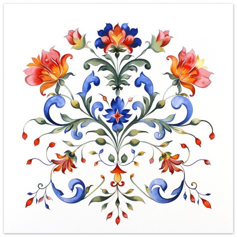 Transform your home with the charm of Scandinavian folk art through this exquisite Rosemaling watercolor print. Showcasing traditional Norwegian floral patterns, this artwork adds a cultural touch to any room. Printed on premium matte paper, it ensures vibrant colors and lasting quality, making it a perfect addition to your home decor. See my other Norwegian Rosemaling watercolor painting prints here: https://www.etsy.com/shop/OxTrailDesigns?section_id=50120270 Norwegian Patterns Folk Art, Norwegian Rosemaling Pattern, Scandinavian Folk Art Patterns Norwegian Rosemaling, Rosemaling Norwegian Folk Art, Scandinavian Folk Art Patterns, Floral Folk Art, Rosemaling Pattern, Norwegian Folk Art, Folk Illustration