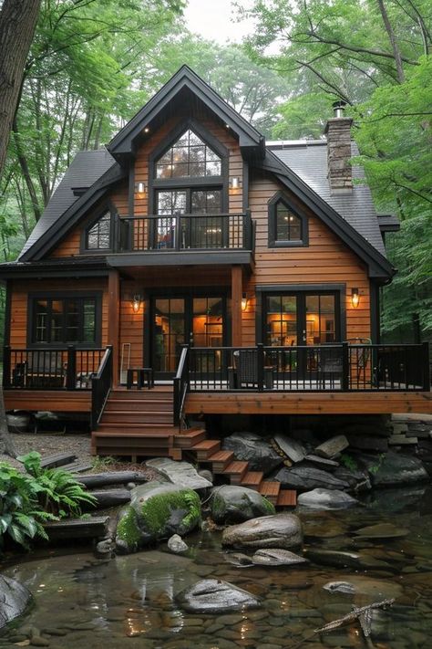 Log Homes | Simply amazing! 😍 | Facebook Wood Cabin House Exterior, Log Cabin Black Trim, Log Home With Black Trim, Chalet House Exterior, Luxury Cabin Exterior, Modern Log Cabin Exterior, Exterior Cabin Ideas, Dark Cabin Exterior, Log Cabin Deck Ideas