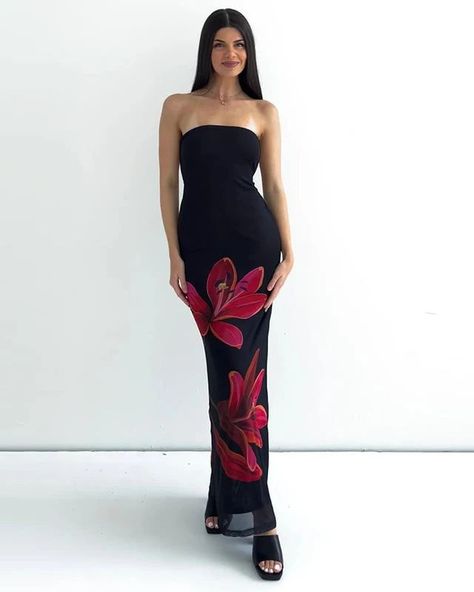 Personalized Printed Collar Tube Top Backless Tied Dress Tied Dress, Floral Print Long Dress, Open Back Maxi Dress, Off Shoulder Dresses, Elegant Maxi Dress, Tube Top Dress, Floral Bodycon, Black Knit Dress, Party Package