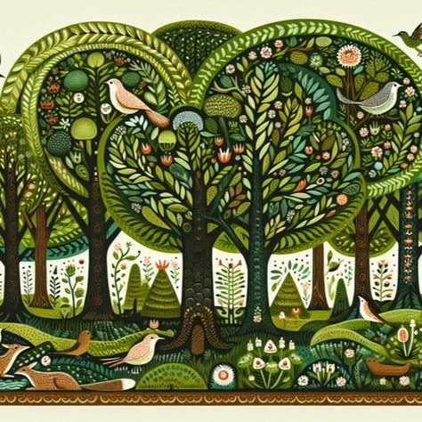 A little folk art, anyone? frantasticdigitalart.com #forest #folkart #retro #AIart #originalart #wallart #homedecor #digitalprint Folk Tree Art, Whimsical Folk Art, Celtic Folk Art, Folk Art Wall Mural, Folk Art Border Design, Forest Folk Art, Folk Animals Illustration, Folk Art Elements, Folkart Patterns