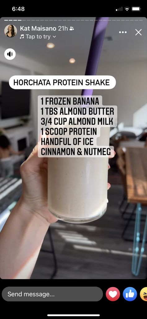 Almond Butter Protein Shake, Horchata Protein Shake, Protein Drink Recipes, High Protein Foods, Protein Smoothie Recipes, Protein Shake Recipes, Fitness Recipes, Protein Drinks, Shake Recipes