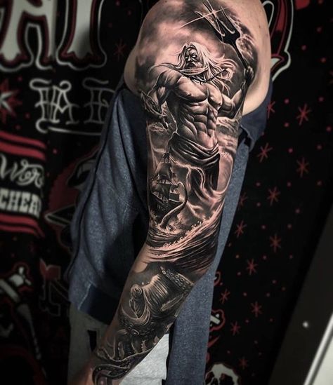 Tato Salib, Nautical Tattoo Sleeve, Realistisches Tattoo, Poseidon Tattoo, Zeus Tattoo, Realistic Tattoo Sleeve, Skull Sleeve Tattoos, Men Tattoos Arm Sleeve, Tattoo Inspiration Men