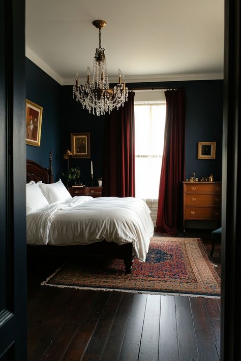 Create timeless charm with these Victorian bedroom ideas to make your bedroom a true place to relax. Traditional Moody Bedroom, Historic Bedroom Ideas, Victorian Guest Bedroom, Victorian Blue Bedroom, Bedroom With Picture Rail, 1800s Bedroom Aesthetic, Fungshway Bedroom, Edwardian Bedroom Ideas, Moody Victorian Bedroom