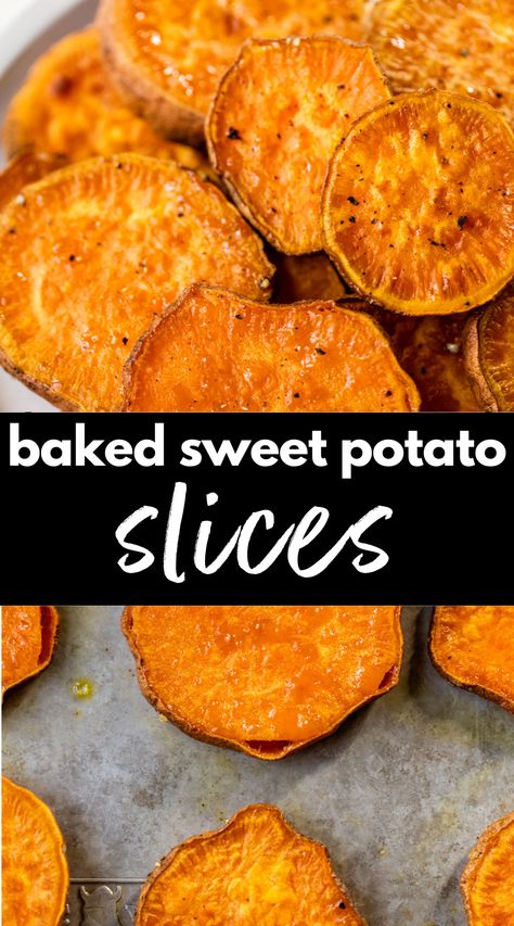 These simple Baked Sweet Potato Slices are lightly seasoned and ready in just 30 minutes. It’s a healthy and delicious side dish that’s flexible and pairs well with anything! Bakes Sweet Potatoes In Oven, Best Roasted Sweet Potato Recipes, Simple Baked Sweet Potato, Sweet Potato Sides For Steak, Sweet Potato Slices In Oven, Toasted Sweet Potato Slices, Baked Sweet Potato Recipes Ovens, Roasted Sliced Sweet Potatoes, Sweet Potato Recipes Healthy Baked