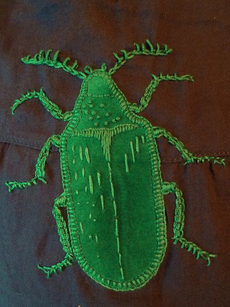 Embroidery Beetle, Embroidery Satin Stitch, Insect Embroidery, Surface Techniques, Velvet Applique, Leaf Beetle, Buttonhole Stitch, Bug Art, Embroidery Sampler