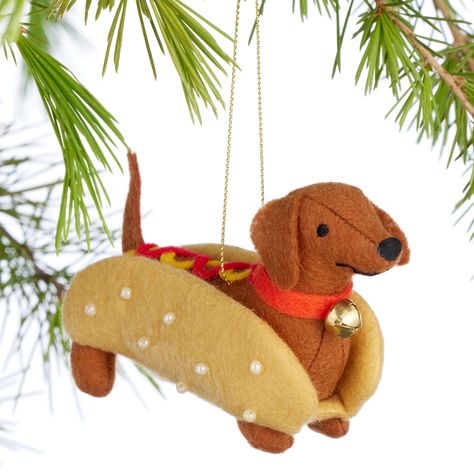 Fabric Dachshund Hot Dog Ornament - World Market Dachshund Hot Dog, Dachshund Decor, Dachshund Ornament, Christmas Dachshund, Weenie Dog, Christmas World, Pottery Animals, Felt Crafts Christmas, Unique Christmas Ornaments