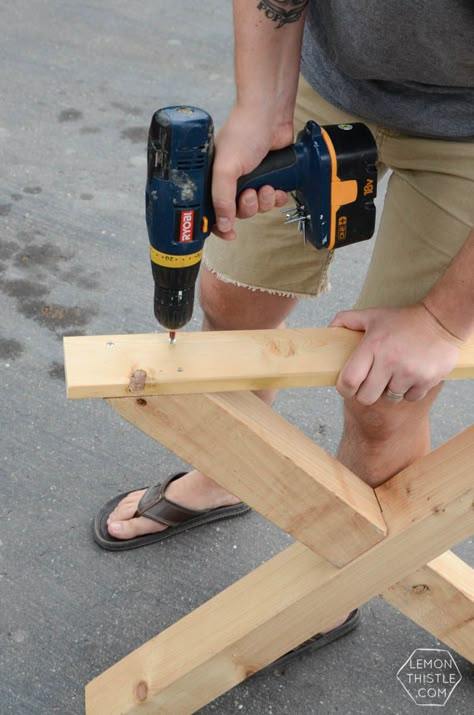 DIY X Leg Patio Table with Pipe Trestle Coffee Table Legs Ideas, Table Leg Ideas, Diy Wood Patio, Trestle Table Plans, Diy Brick Patio, Garden Table Plans, Wood Patio Table, Trestle Table Legs, Outside Table