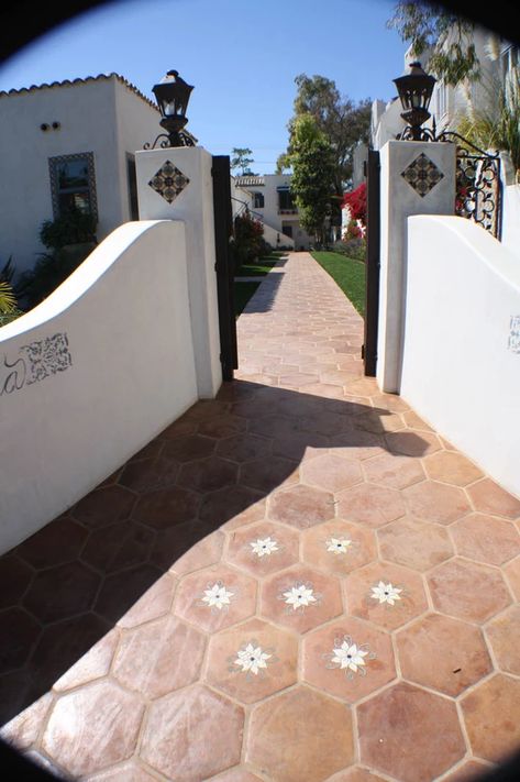 FLOOR , MALIBU TILE, SPANISH TILE, SOCIA | Floors & Stairs Spanish Tiles Outdoor, Malibu Tile, Mexico Houses, Spanish Exterior, Boundary Wall, Porch Tile, Boundary Walls, Spanish Style Home, Entrance Porch