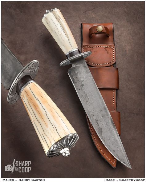 SUBSTANTIAL feel! Randy @Caston_Custom_Blades is sole author on this remarkable 'hand forged' Bowie. Knife: Fixed Bowie BL/OAL: 10 1/2" Material: 3864 layers 15n20 & 1080 San Mia 1015 & 5160 total 3867 layers Forged_by: Hand forged by Randy Caston Bolster: Stainless steel guard. 100 layer 15n20/1080 butt cap Handle: Walrus ivory Sheath: Randy Caston Knife Comments: Randy Caston is sole author of knife, sheath, engraving and file work Dundee, Knife Photography, Homemade Fudge, Knife Sheath, Bowie Knife, Handmade Knives, Blacksmithing, Hand Forged, Custom Made