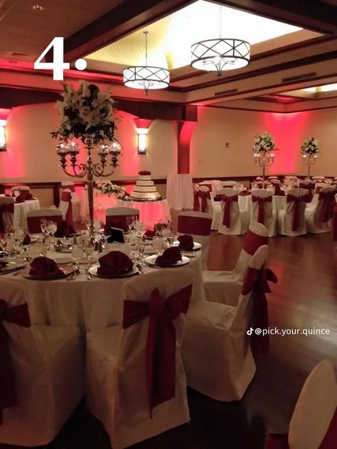 Dark Red Quinceanera Decorations, Red Quince Set Up, Red And Black Venue Quince, Red Wine Quinceanera Decorations, Red And White Quinceanera Decorations, Red Quince Tables, Quince Decorations Red And Silver, Red White And Gold Sweet 16 Decorations, Table Decorations For Quince