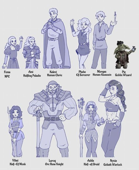 The Whole gang, tenatively called the B.E.E.s (Brave and Eccentric Explorers). Theres enough of us to form a hive anyway, lol. #dnd #party #dndparty #characterart #dndcharacterart #bees #pie #nyxia #ashla #lurog #vihni #goliath #elf orc #goblin #halfling Orc X Human, Halfling Dnd, Dnd Goliath, Dnd Resources, Dnd Party, Dnd Art, Art Styles, Art Club, Dnd Characters