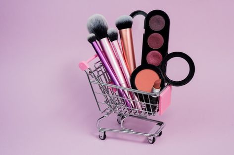 Mini shopping cart with cosmetics Premiu... | Premium Photo #Freepik #photo #sale #brush #shop #makeup Mini Shopping Cart, Makeup Cart, Skin Care Myths, Cosmetics Aesthetic, Safe Tanning, Logo Design Mockup, Product Photoshoot, Elegant Headband, Lip Wallpaper