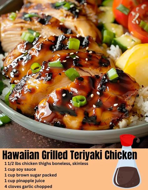 Hawaiian Grilled Teriyaki Chicken is a delicious and flavorful dish that brings the taste of the tropics right to your backyard. The combination of tender chicken thighs marinated in a sweet and savory teriyaki sauce made with soy sauce, brown sugar, pineapple juice, garlic, and ginger, creates a mouthwatering experience that's perfect for any occasion. Whether you're hosting a summer barbecue, a family dinner, or simply craving something exotic, this dish is sure to impress. I first encountered Grilled Hawaiian Chicken Teriyaki Bowls, Hawaiian Style Teriyaki Chicken, Hawaiian Chicken Bowl, Chewies Recipe, Chicken Thighs Boneless Skinless, Teriyaki Pineapple Chicken, Chicken Teriyaki Sauce, Brown Sugar Pineapple, Teriyaki Chicken Bowl