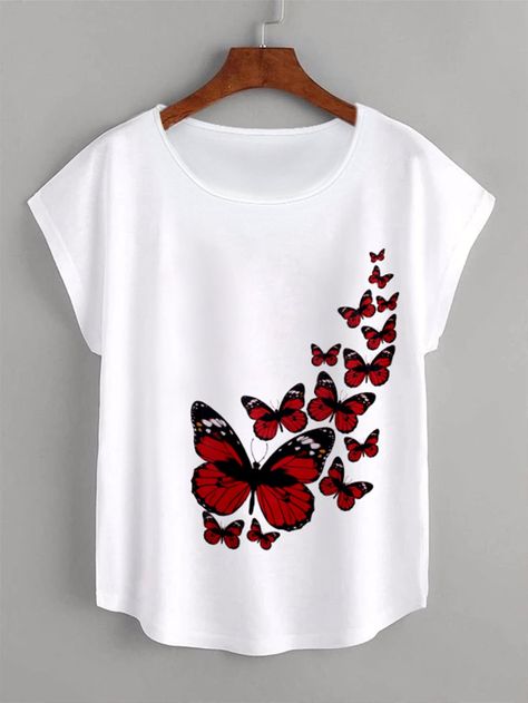 White Casual  Short Sleeve Polyester Butterfly  Embellished Medium Stretch Summer Women Tops, Blouses & Tee Printed Tee Women, Shirt Painting, T-shirt Print Design, Butterfly Shirt, T Shirt Painting, Fabric Butterfly, Butterfly Shirts, Designer Saree Blouse Patterns, Shirt Print Design