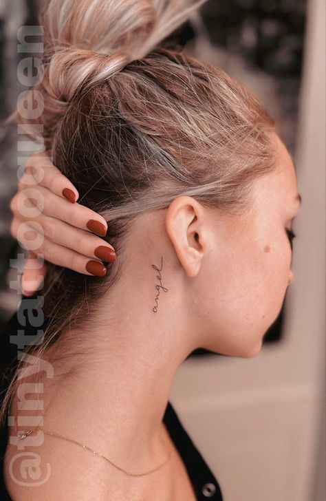 Fine Line Tattoo Idea by Victoria Love Simple Small Neck Tattoos, Worthy Neck Tattoo, Always Neck Tattoo, Tattoo Idea For Women Neck, Simple Word Neck Tattoo, Small Writing Neck Tattoos, Word Behind The Ear Tattoo, Discrete Neck Tattoo, Angel Behind The Ear Tattoo