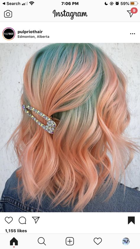 Peach And Teal Hair, Peach And Green Hair, Colorful Hair Ideas For Blondes, Two Colour Hair Color Combos, Blue And Pink Hair Ideas, Colored Tips Hair, Fun Haircolor, Brunette Light, Wig Closet