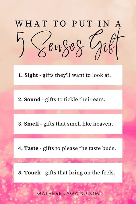 A list of the 5 senses and the kinds of gifts that would appeal to those senses. 5 Senses Gift For Boyfriend Smell, Gifts For Sight, Hear Gift Ideas For Him, 5 Senses Gift Sound Ideas, 5 Senses Gift For Girlfriend Ideas, 5 Scents Gifts For Him, Sight Gifts Ideas, 5 Sense Gift For Boyfriend Ideas, 5 Senses Gifts