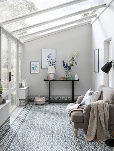 24 Floor Tile Pattern Ideas | Sebring Design Build | Design Trends Small Conservatory, Vintage Tegel, Conservatory Interior, Small Sunroom, Topps Tiles, Sunroom Designs, Patterned Floor Tiles, Victorian Design, Blue Tiles