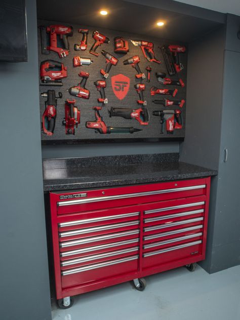 Tool Box Organization Ideas, Workshop Tool Storage, Milwaukee Hand Tools, Milwaukee Tool Box, Tool Wall Storage, Craftsman Power Tools, Box Organization, Garage Workshop Plans, Milwaukee Power Tools