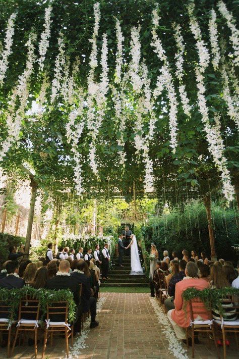 Hawaii wedding Haiku Mill Wedding, Hanging Flower Arrangements, Ceremony Arches, Backdrops Wedding, Haiku Mill, Twilight Wedding, Flower Ceiling, Garden Ceremony, Ceremony Ideas