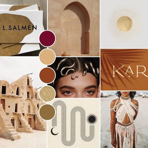 Desert Mood Board Fashion, Desert Branding Design, Logo Mood Board Design, Mood Board Website, Moroccan Branding, Arabian Moodboard, Desert Mood Board, Desert Branding, Ancient Hieroglyphs