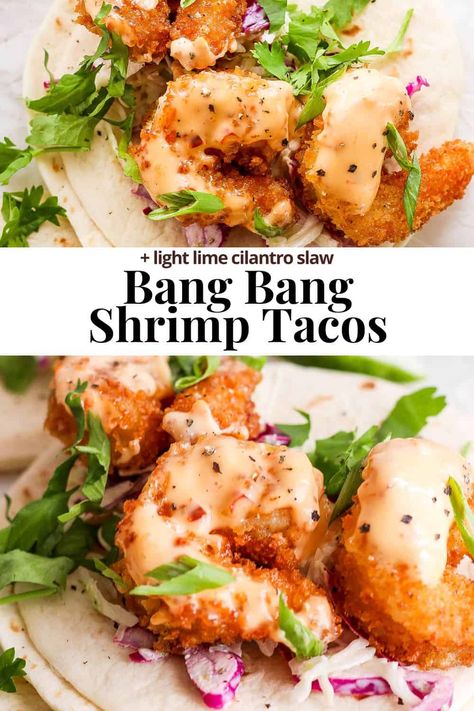 Bang Bang Shrimp Tacos - The BEST bang bang shrimp taco recipe! Delicious, crispy shrimp with a classic bang bang sauce   cilantro lime slaw! #bangbangshrimptacos #bangbangshrimptacoseasy #bangbangshrimptacoswithslaw #bangbangshrimptacosrecipe #bangbangshrimptacoswithcabbageslaw Air Fryer Bang Bang Shrimp Tacos, Bang Bang Shrimp Tacos With Slaw, Fried Shrimp Tacos With Cabbage Slaw, Bang Bang Sauce For Shrimp, Bang Bang Shrimp And Sausage Skewers, Shrimp Taco Sauce Recipe, Breaded Shrimp Tacos, Sauce For Shrimp Tacos, Breaded Shrimp Recipes