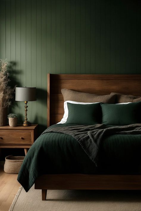 Transform your bedroom into a cozy space with dark cottagecore vibes: a room that has warmth and charm. It all starts with a spacious queen-size bed, featuring a wood frame and a headboard with simple spun legs. Layers of soft pillows and deep green bed covers invite you to snuggle in. Beside the bed, sits a mid-century nightstand with an intricate table lamp. But what truly sets the mood is the back wall in dark sage wood panels. Dark Wood Bedroom, Green Bedroom Decor, Sage Green Bedroom, Moody Bedroom, Appartement Design, Bilik Tidur, Bedroom Sets Queen, Green Walls, Green Rooms