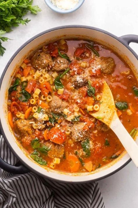 Meatball Macaroni Soup, Meatball Soup Healthy, Frozen Italian Meatballs, Meat Soup, Italian Meatball Soup, Comfy Food, Meatball Soup Recipes, Italian Meatball, Parmesan Rind