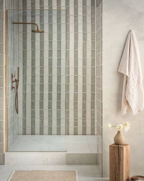 All Posts • Instagram Cream Tile Bathroom, Fired Earth Bathroom, Bathroom Tile Design Ideas, Tile Design Ideas, Cabin Style Homes, Cream Bathroom, Striped Tile, Relaxing Bathroom, Loft Bathroom