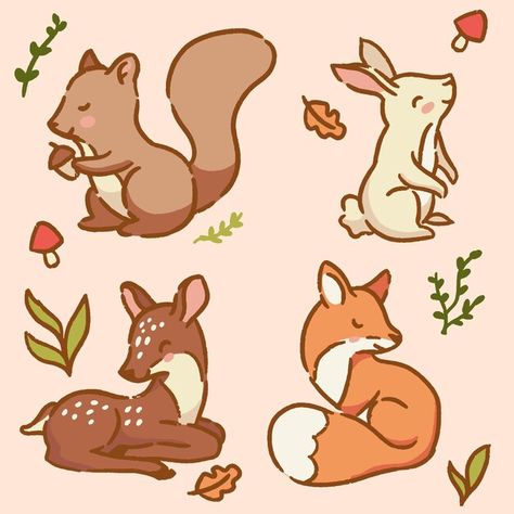 Animals In The Forest Drawing, Animal Forest Illustration, Cartoon Forest Animals, Forest Cute Drawing, Cute Forest Animals Drawing, Forest Drawing With Animals, Forest Animals Drawing, Cute Deer Drawing, Animated Forest