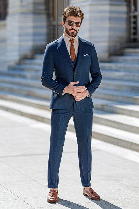 Elevate your style with the Navy Slim-Fit Suit by Viossi, a 3-piece ensemble that unveils your sophisticated side. Crafted with meticulous attention to detail, this suit exudes timeless elegance. The single-breasted design and classic notch lapel add a touch of refinement, making it perfect for any formal occasion. #navysuit  #suit #suits #mensstyle #menstyle #fashion #outfit #formalwear #menfashion #fashionformen #style #dapper #gentleman #suitformen #singlebreasted Navy Blue 3 Piece Suit Men Wedding, Mens Blue Suit Outfit, Navy Suit Outfit Men, Navy Suit Groom, Groom Attire Blue, Miles Suit, Navy Blue Wedding Suit, 2 Piece Suit Men, Navy Blue Groom Suit