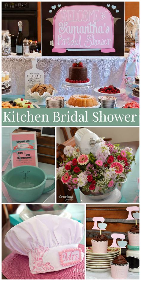 A kitchen themed bridal shower with recipe card invitations and flowers, aprons, colanders and spoons used for decor! See more party planning ideas at CatchMyParty.com! Bridal Shower Kitchen Theme, Kitchen Wedding Shower, Nautical Theme Bridal Shower, Bridal Shower Chocolate, Wedding Shower Food, Paris Bridal Shower, Lemon Themed Bridal Shower, Cooking Theme, Kitchen Bridal Shower