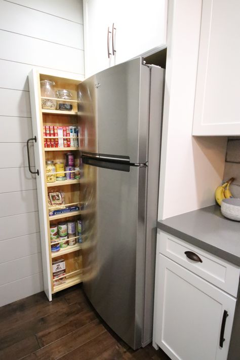 Slim Pull Out Kitchen Cabinet, Small Pantry With Fridge Design Ideas, Pull Out Pantry Beside Refrigerator, Slim Cabinet Kitchen, Pull Out Kitchen Pantry, Pop Out Pantry, Small Pull Out Pantry, Vertical Pull Out Cabinet, Narrow Kitchen Cupboard Ideas