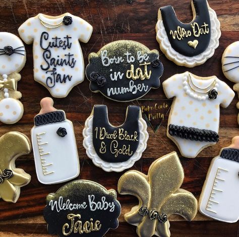 Black And Gold Baby Shower Ideas, Black Gold Baby Shower, Gold Baby Shower Decorations, Decorating Chocolate, Football Cookies, Cut Out Cookie Recipe, Bear Baby Shower Theme, Poppin Bottles, Gold Baby Shower