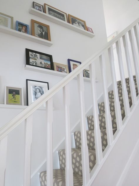 Stairs Photo Wall, Staircase Pictures, Stair Shelves, Picture Ledges, Staircase Wall Decor, Staircase Wall, Picture Shelves, Picture Ledge, New Carpet