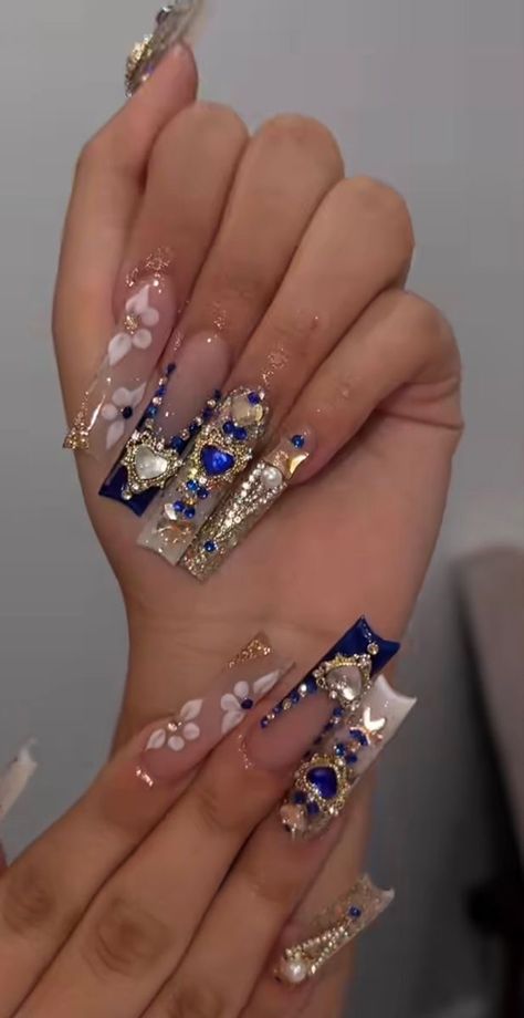 Navy Blue And Gold Nails Acrylic, Navy Blue Quince Nails, Base Nail Designs, Nude Base Nail Designs, Navy Blue And Gold Nails, Blue Gold Nails, Nails Aesthetics, Sweet 16 Nails, Acrylic Nails Ideas