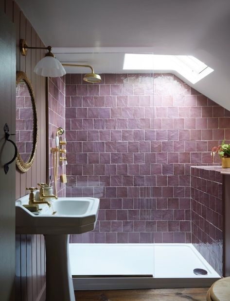 Quintessentially English … again Purple Tiled Bathrooms, Overstuffed Armchair, English Townhouse, Tiled Bathrooms, Colorful Bathrooms, Purple Tile, Roll Top Bath, Country Style Kitchen, Entry Hallway