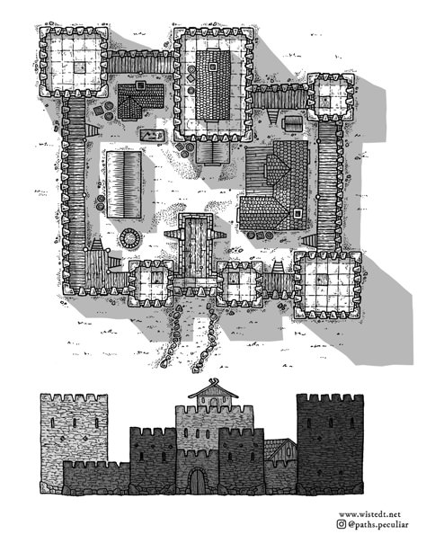 A hand drawn top-down map and side view of a medieval fantasy castle. Useful for tabletop roleplaying games like Dungeons & Dragons. Fantasy Castle Map, Medieval Castle Layout, Fantasy Map Drawing, Map Drawing Ideas, Fantasy Map Drawing Ideas, Castle Map, Section Drawing Architecture, Castle Layout, Castle Floor Plan