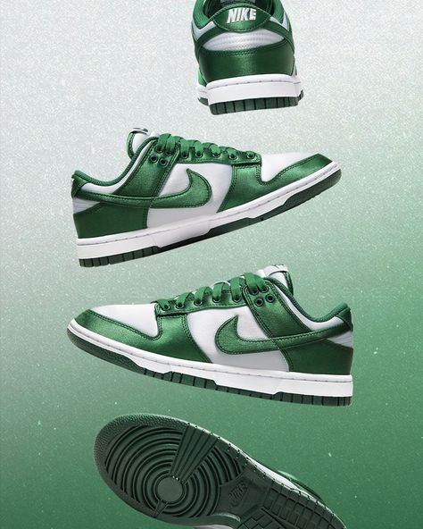 The classic Nike Dunk Low receives a makeover with this new ""Satin Green"" release. Shimmering panels replace traditional leather on the forefoot, tongue, and heel, adding a touch of elegance to Peter Moore's classic design, making it the latest addition to the brand's new lifestyle lineup. How do you feel about the latest satin Nike Dunk trend?