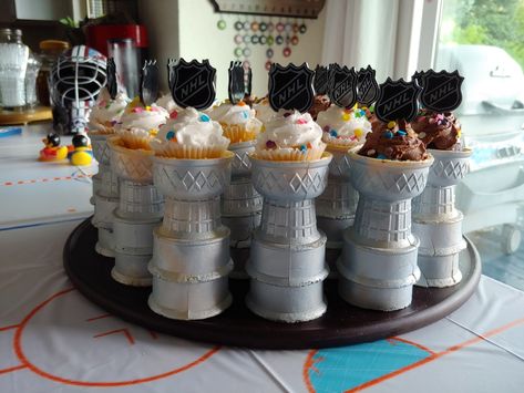 Stanley Cup Ice Cream Cone, Hockey Ice Cream Cake, Hockey Birthday Cupcakes, Stanley Cup Birthday Cake, Nhl Birthday Party, Nhl Theme Birthday Party, Stanley Cup Party Ideas, Rookie Of The Year First Birthday Hockey, Hockey Themed Cupcakes