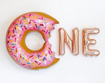 Donut First Birthday, Rose Gold Letter Balloons, Ballon Banner, Gold Letter Balloons, Grown Up Parties, Floating Balloons, Birthday Donuts, Photo Balloons, Donut Birthday Parties