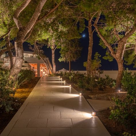 Linea Light Group participated in this landscape lighting project with a vast range of products, both in standard and custom version, to fully emphasise the outdoor space. Four Seasons Athens, Garden Lighting Design, Walkway Lighting, Driveway Lighting, مركز ثقافي, Landscape Lighting Design, Outdoor Path Lighting, Front Garden Landscape, Outdoor Garden Lighting