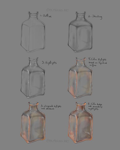 A tutorial of how i painted glass bottles for magic potions, glass was a hard thing to figure out for me since it is transparent yet has such harsh shadows and highlights. Art Bottles Painting, Potion Bottles Drawing Tutorial, How To Draw Bottles, How To Paint Glass With Watercolor, Draw Glass Tutorial, How To Draw Transparent Objects, Glass Bottles Drawing, How To Paint A Glass Bottle, How To Paint Transparent Objects