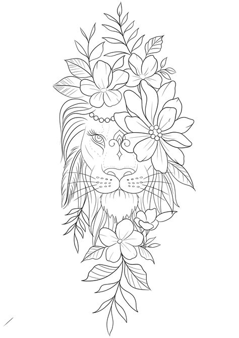 Female Lion Sketch, Lion Flower Tattoo, Lion Tattoo Stencil, Lion Tattoo With Flowers, Lioness Tattoo Design, Flower Leg Tattoos, Flower Tattoo Stencils, Lion Flower, Lion Mandala