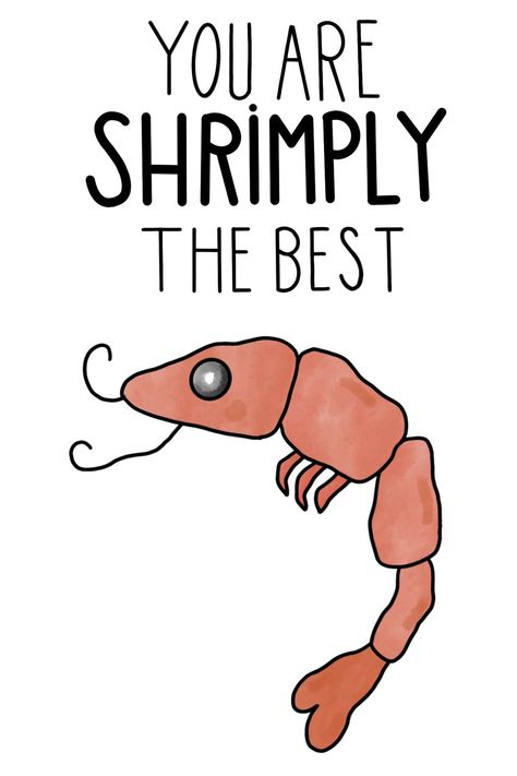 "YOU ARE \"SHRIMPLY\" THE BEST punny greeting card! Digital download and printable card with adorable punny message Digitally hand drawn by me, ready to download by you! - best printed 4x6 - colors may vary from screen to screen and paper printed on Instant download -fast: great for last minute gifts -easy: print at home or print at your local copy shop -affordable: print multiple copies whenever you want" Funny Card Ideas, Shrimply The Best, Punny Cards, Creative Birthday Cards, Card Greetings, Hand Drawn Cards, Cute Puns, Birthday Cards For Mom, Pun Card