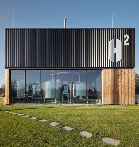 Hostivar H2 – Brewery with restaurant and bakery by ADR | Industrial buildings Brewery Architecture, Modern Factory Architecture, Modern Warehouse Design, Factory Facade Design, Industrial Building Design, Warehouse Facade, Factory Facade, Warehouse Architecture, Industrial Facade