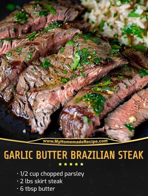 My Home Made Recipe | Indulge in this mouthwatering Garlic Butter Brazilian Steak, a simple yet flavorful dish that will make any meal special | Facebook Brazilian Steak, Brazilian Dishes, Garlic Butter Sauce, Skirt Steak, Meat Lovers, Butter Sauce, Garlic Butter, Home Made, My Home